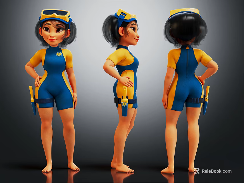 Cartoon Female Character Wearing Blue And Yellow Jumpsuit With Goggles Tool Belt Three Standing Views 3d model 