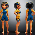 Cartoon Female Character Wearing Blue And Yellow Jumpsuit With Goggles Tool Belt Three Standing Views