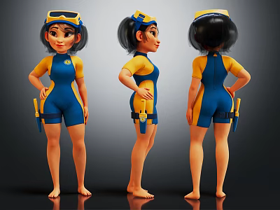 Cartoon Female Character Wearing Blue And Yellow Jumpsuit With Goggles Tool Belt Three Standing Views 3d model
