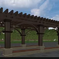 Wooden Pergola With Arched Design And Benches In Garden Greenery Under Blue Sky