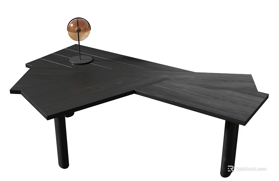Modern Black L Shaped Wooden Desk Interior With Decorative Sphere Ornament 3d model 