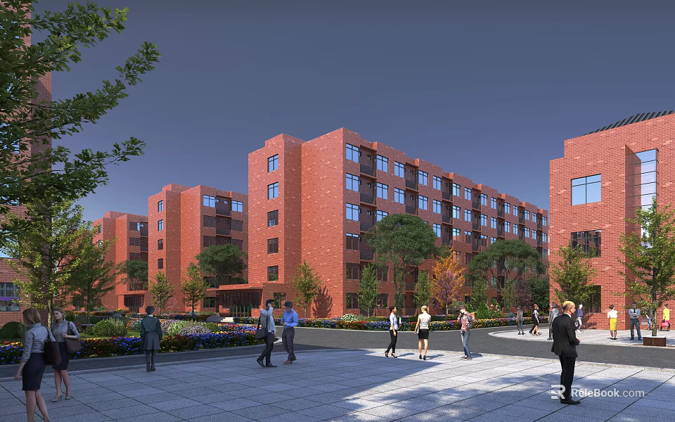 Red Brick Multi Story School Building With Trees Plaza And Students 3d model 