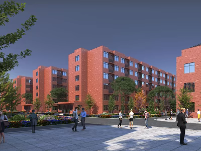 Red Brick Multi Story School Building With Trees Plaza And Students 3d model