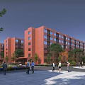 Red Brick Multi Story School Building With Trees Plaza And Students