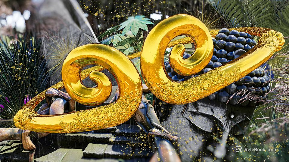 Intricate Golden Spiral Sculpture With Green Plants And Dark Round Fruits 3d model 