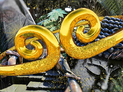 Intricate Golden Spiral Sculpture With Green Plants And Dark Round Fruits 3d model