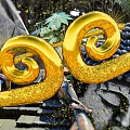 Intricate Golden Spiral Sculpture With Green Plants And Dark Round Fruits