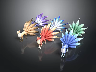 Fantasy Nine Tailed Fox Characters With Colorful Tails In Various Vibrant Hues 3d model
