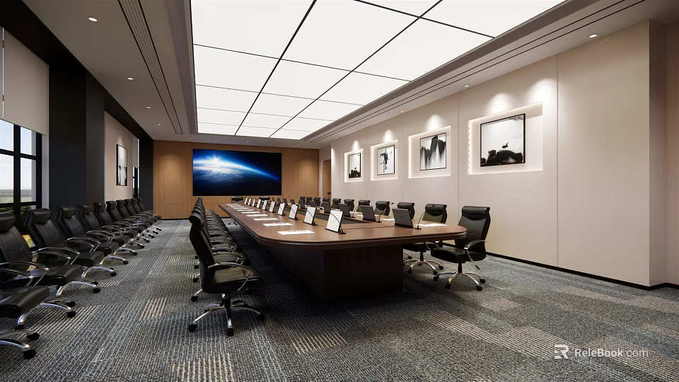Modern Conference Room Interior With Long Wooden Table Black Chairs Wall Artworks And Large Screen 3d model 
