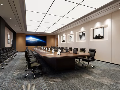 Modern Conference Room Interior With Long Wooden Table Black Chairs Wall Artworks And Large Screen 3d model
