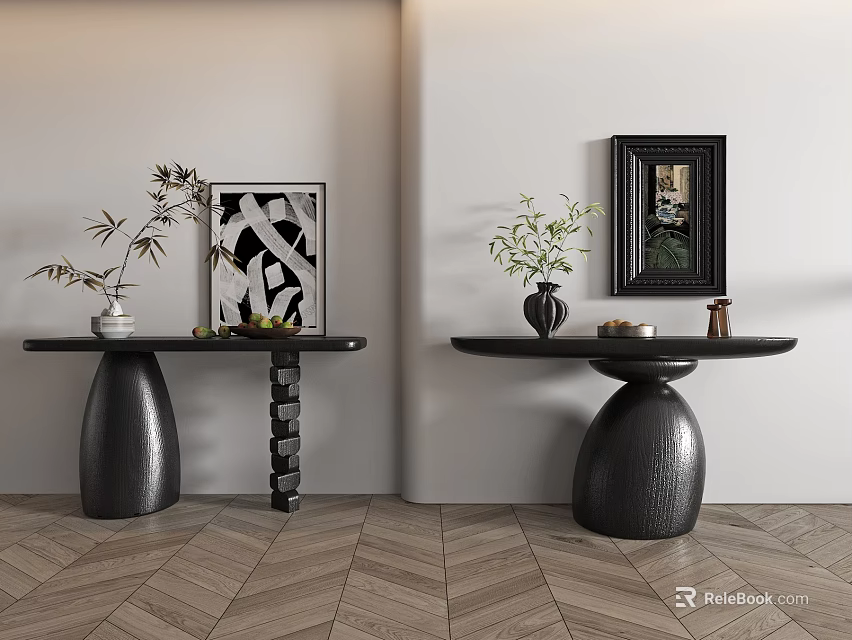Two Decorative Console Tables with Vases Plants Fruits Decor and Framed Art on Herringbone Flooring 3d model 