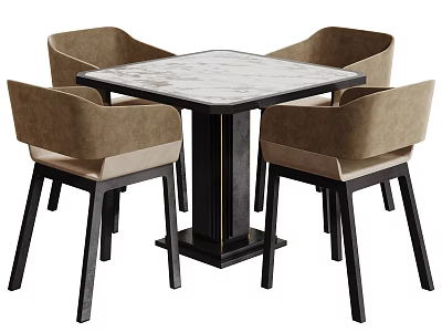 Square Marble Top Table and Chair Set with Black Legs and Light Brown Fabric Chairs 3d model