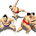 Multiple Sumo Wrestlers in Traditional Mawashi Performing Standing Jumping and Grappling Moves