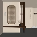 New Chinese Style Entryway Interior With Lattice Screen Pendant Light Bench And Stone Accents