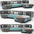 Turquoise Gray Brown Sofa With Decorative Pillows And Blankets In Various Angles 3d model