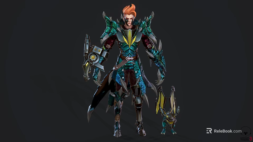 Game Fantasy Character With Red Hair Blue Green Armor Metallic Components And Small Companion Creature 3d model 