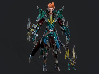 Game Fantasy Character With Red Hair Blue Green Armor Metallic Components And Small Companion Creature 3d model