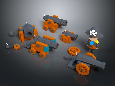 Pirate Themed Cannons With Orange And Gray Parts Wheels And Miniature Figure 3d model