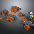 Pirate Themed Cannons With Orange And Gray Parts Wheels And Miniature Figure