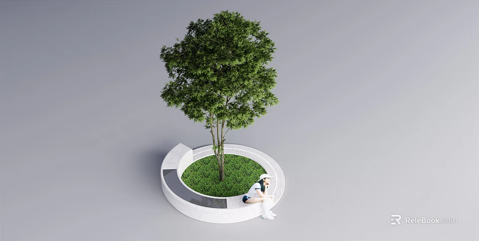 Circular Tree Pool Design With Green Tree Grass Bench And Seated Person 3d model 
