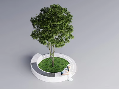 Circular Tree Pool Design With Green Tree Grass Bench And Seated Person 3d model