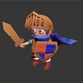 Man wearing orange knight armor holding orange sword and red blue shield with blue cape