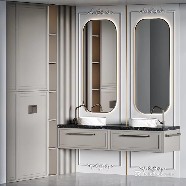 Modern Bathroom Vanity With Double White Sinks Oval Mirrors Gold Frames And Black Countertop 3d model