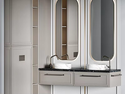 Modern Bathroom Vanity With Double White Sinks Oval Mirrors Gold Frames And Black Countertop 3d model