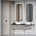 Modern Bathroom Vanity With Double White Sinks Oval Mirrors Gold Frames And Black Countertop 3d model