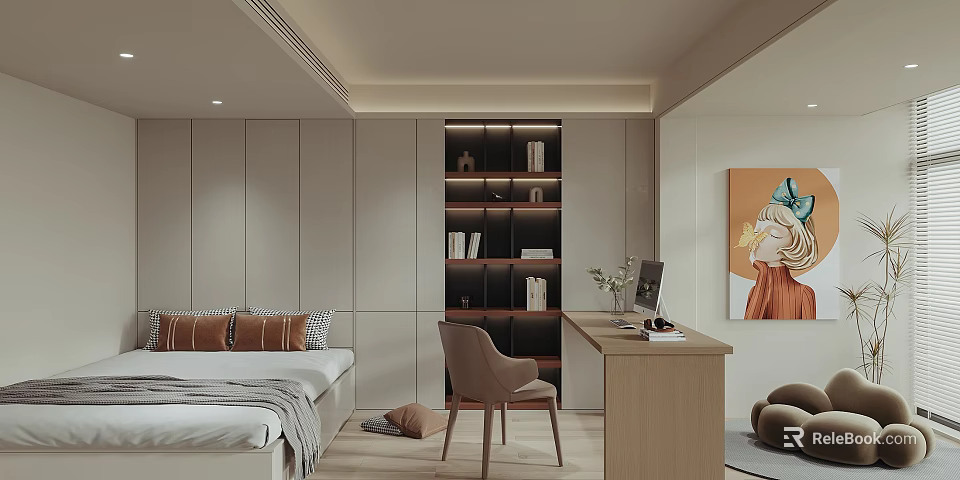 Tatami Bedroom Interior Design With Bed Wooden Desk Chair Built-in Bookshelf And Painting 3d model 