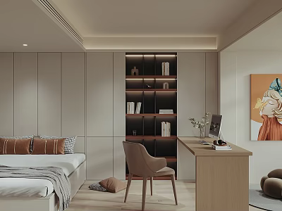 Tatami Bedroom Interior Design With Bed Wooden Desk Chair Built-in Bookshelf And Painting 3d model