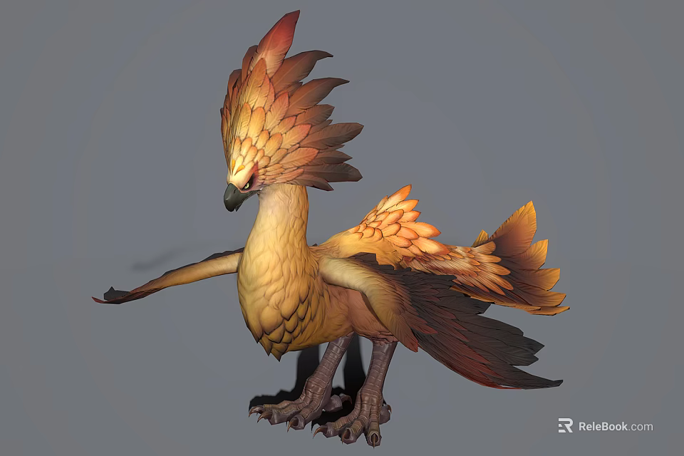 Mythical Bird Creature With Orange Yellow Feathers Spread Wings And Crested Head 3d model 