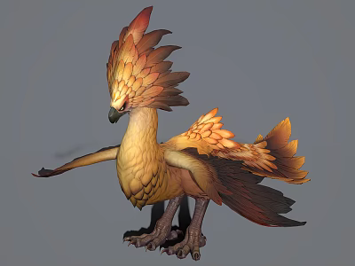 Mythical Bird Creature With Orange Yellow Feathers Spread Wings And Crested Head 3d model