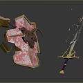 Pink Shield With Golden Accents And Shattered Design Alongside Glowing Golden Sword
