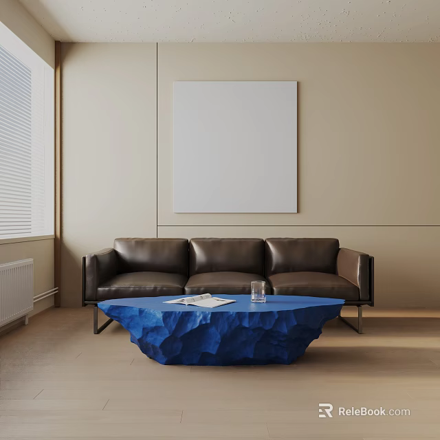 Brown Leather Three Seater Sofa With Blue Irregular Coffee Table And White Frame Wall Art 3d model