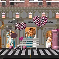 Stylish Check-in Photo Spot At Storefront With Pink Balloons White Bench And LOGO Signs