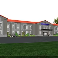 Municipal Office Building with Red Roof Beige Walls Green Lawn Front Car Entrance Canopy