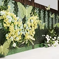 Enchanting Photo Spot With Green Backdrop Yellow White Flowers Green Butterfly Decorations And Floral Arrangements
