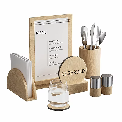 Wooden Tableware Set Featuring Menu Holder Knives Forks Spoons Napkin Holder Reserved Sign Glass Cup 3d model