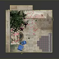 Detailed Decorative Garden Corner With Stone Walls Pink Flowering Vines Bench And Petals