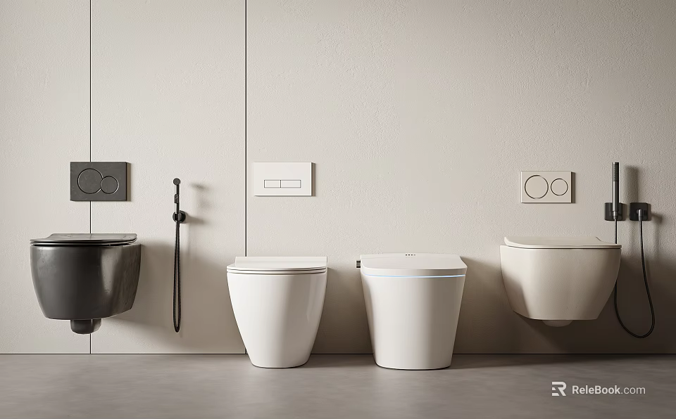 Toilets Featuring Wall Hung Floor Standing Smart Black White Beige On Light Colored Wall 3d model 