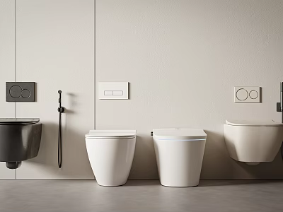Toilets Featuring Wall Hung Floor Standing Smart Black White Beige On Light Colored Wall 3d model