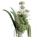 Elegant Decorative Ornament Arrangement With Lush Green Foliage White Flowers And Spherical Plants