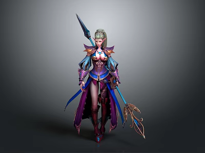 Fantasy Female Elf Character In Ornate Purple Blue Armor With Spear And Staff 3d model