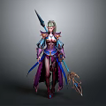 Fantasy Female Elf Character In Ornate Purple Blue Armor With Spear And Staff