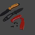 3D Rendered Tactical Knives With Black Orange Handles Red Parts And Metal Screws