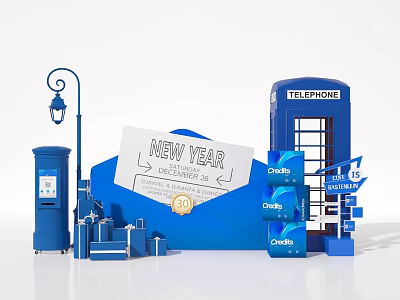 Blue Themed New Year Photo Spot With Telephone Booth Postbox Lamp Post And Gift Boxes 3d model