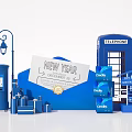 Blue Themed New Year Photo Spot With Telephone Booth Postbox Lamp Post And Gift Boxes