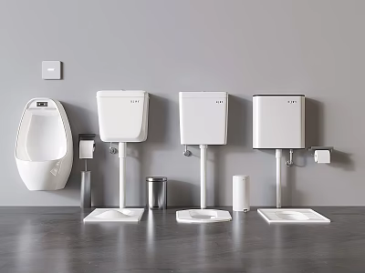 Modern Toilet Collection Featuring Wall Mounted Tanks Bowls Urinals Trash Bin And Tissue Holder 3d model