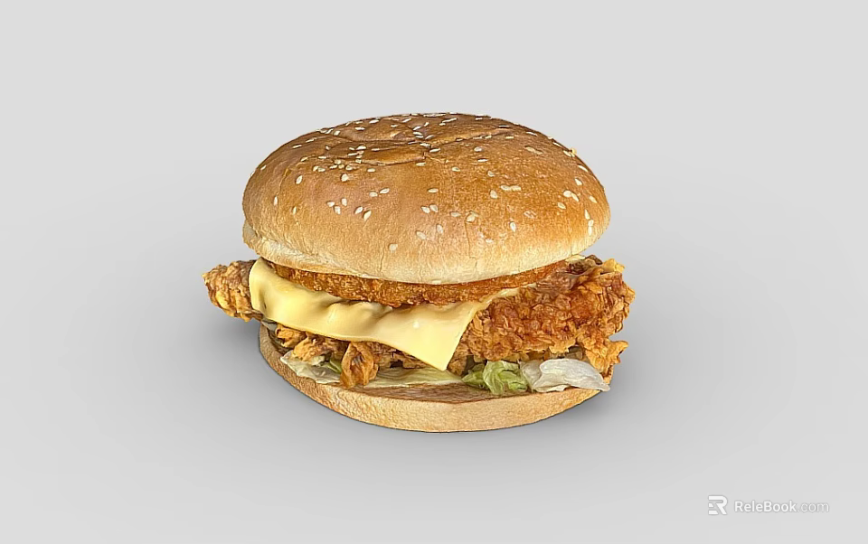 Crispy Fried Chicken Burger With Sesame Seed Bun Cheese And Lettuce 3d model 